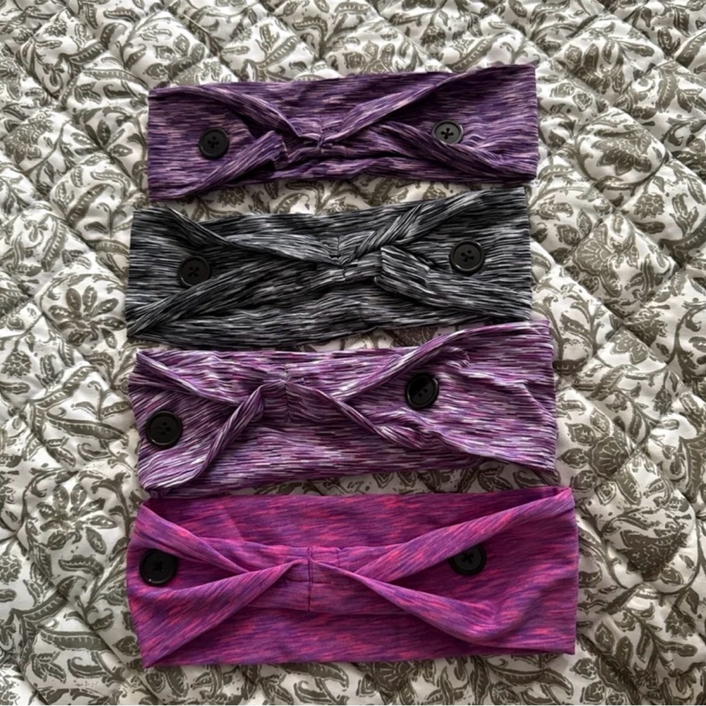 Set of Four Buttoned Headbands in Purple and Gray